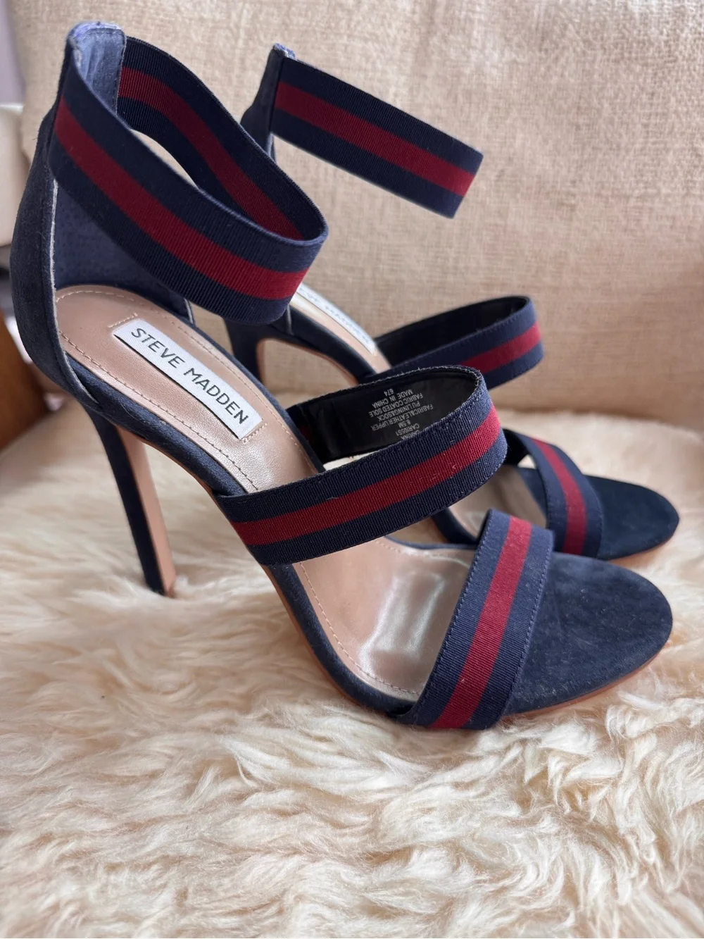 Steve Madden Navy & Red Striped Elastic Strap High Heel Sandals